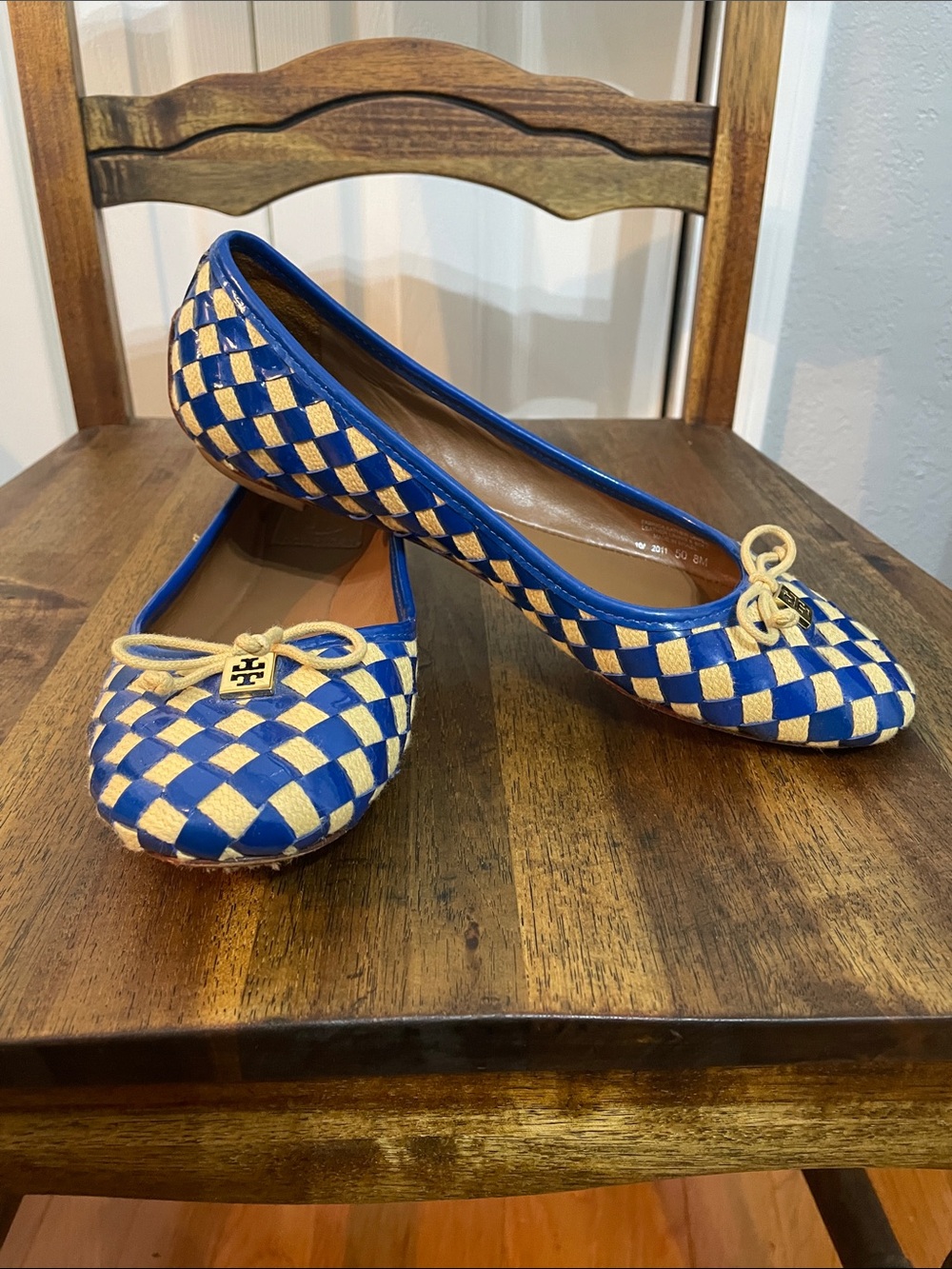Tory Burch Prescot Cobalt Blue and Cream Woven Check Ballet Flats size 8